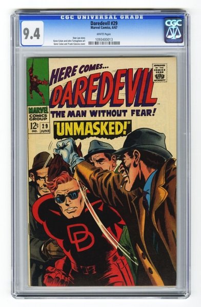 Daredevil #29 CGC 9.4 Marvel Comics 6/67.: Stan Lee story, Gene Colan and John Tartaglione art with Gene Colan and Frank Giacoia cover. White pages. CGC SN: 1093400013. Condition (CGC 9.4).