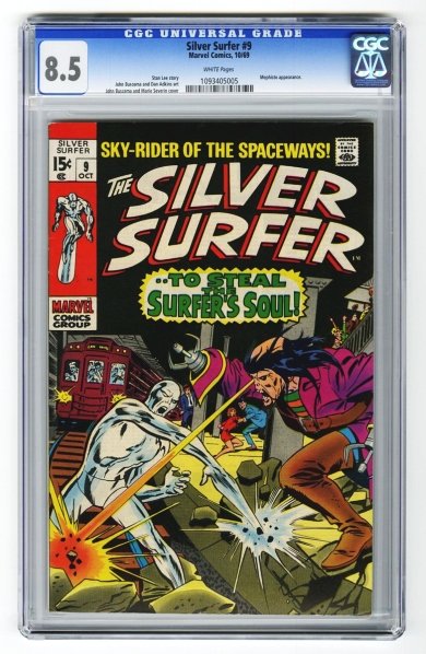 Silver Surfer #9 CGC 8.5 Marvel Comics 10/69.: Stan Lee story, John Buscema and Dan Adkins art with John Buscema and Marie Severin cover. Mephisto appearance. White pages. CGC SN: 1093405005. Condition (CGC 8.5).