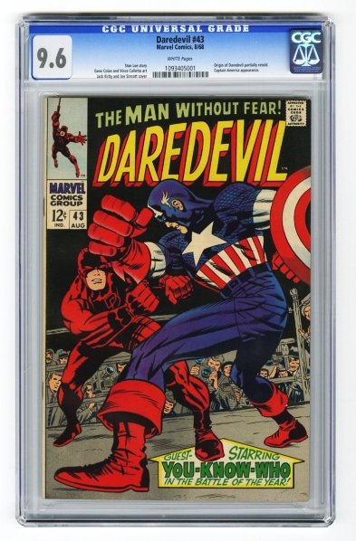 Daredevil #43 CGC 9.6 Marvel Comics 8/68.: Stan Lee story, Gene Colan and Vince Colletta art with Jack Kirby and Joe Sinnott cover. Origin of Daredevil partially retold. Captain America appearance. White pages. CGC SN: 1093405001. Condition (C