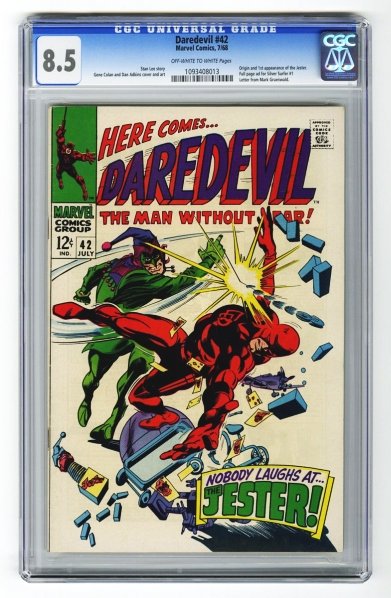 Daredevil #42 CGC 8.5 Marvel Comics 7/68.: Stan Lee story with Gene Colan and Dan Adkins cover and art. Origin and first appearance of the Jester. Full page ad for Silver Surfer #1. Letter from Mark Gruenwald. Off-white to white pages. CGC SN: