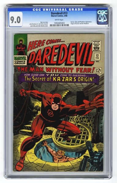 Daredevil #13 CGC 9.0 Marvel Comics 2/66.: Stan Lee story, John Romita art, Jack Kirby layouts with Jack Kirby and John Romita cover. Ka-Zar, Zabu, and Plunderer appearance. Origin of Ka-Zar and the Plunderer. White pages. CGC SN: 1093405003. 