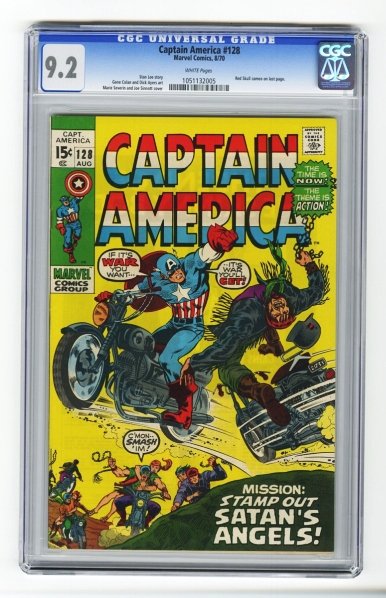 Captain America #128 CGC 9.2 Marvel Comics 8/70.: Stan Lee story with Gene Cola and Dick Ayers art and Marie Severin and Joe Sinnott cover. Red Skull cameo on last page. White pages. Condition (CGC 9.2).