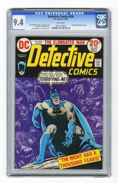 Detective Comics #436 CGC 9.4 D.C. Comics 8-9/73.: Frank Robbins and Elliot S. Maggin stories with Bob Brown, Frank Giacoia, and Dick Giordano art and Nick Cardy cover. Elongated Man backup story. White pages. Condition (CGC 9.4).