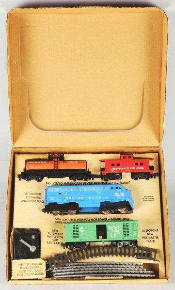 American Flyer S-Gauge Freight Train Set.: American. Includes a Boston & Maine engine with three freight cars. Comes with instructions. Includes original box and insert with track and transformer. Condition (Excellent - Near Mint).