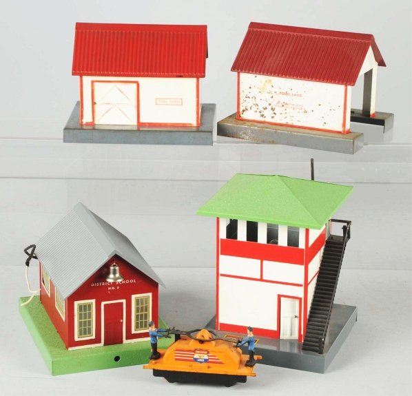 Lot of 5: American Flyer S-Gauge Accessories.: American. Includes no. 740 handcar, no. 593 signal tower, no. 741 handcar and shed, no. 585 tool shed, and no. 50 District School. Includes all original boxes. Condition (Very Good - Excellent).