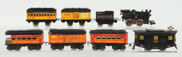 Lot of 2: American Flyer Passenger Train Sets.: American. Pre-war. O-gauge. Includes no. 3011 electric style engine (restored), no. 1206 Seattle observation car, no. 1206 Seattle pullman car, and no. 1205 baggage car. Cars have moderate scratching