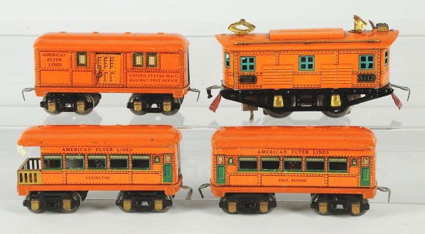 Tinplate American Flyer Passenger Train Set.: American. Pre-war. O-gauge. Includes no. 3112 electric style engine and three passenger cars. Passenger cars include Paul Revere pullman car, one baggage car, and one Lexington observation car. Set ha