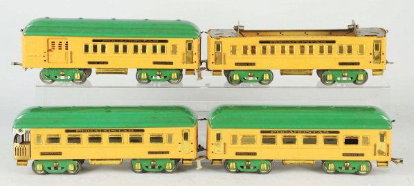 American Flyer Pocahontas Passenger Train Cars.: American. Pre-war. Standard gauge. Includes four cars in their original boxes. Passenger cars consist of no. 4340 club car (missing railing), no. 4341 car (missing roof), no. 4343 observation car (mis