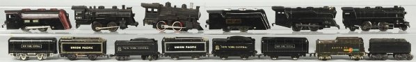 Lot of 6: Marx Steam Engine & Tenders.: American. Plastic and metal. Includes New York Central and Union Pacific pieces. Various numbers and conditions. Condition (Good - Very Good).