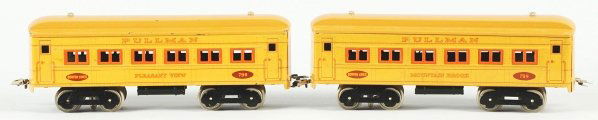 Lot of 2: Dorfan Passenger Train Cars.: Standard gauge. Includes no. 789 Mountain Brook pullman car and no. 790 Pleasant View. Cars have minor scratching to roofs. Includes original boxes. Condition (Excellent).