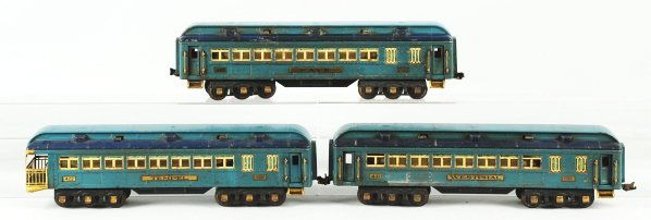 Lot of 3: Lionel Blue Comet Passenger Cars.: American. Pre-war. Includes no. 420 Faye car, no. 421 Westphal, and no. 422 Tempel observation car. Cars are all original with some scratching and wear throughout. May clean to a better grade. Conditi