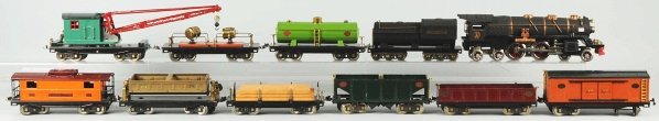 Lionel Standard Gauge No. 400 Freight Train Set.: American. Pre-war. Includes no. 400E engine with matching tender (professionally restored in crackle black) and nine 200 series freight cars. Freight cars include no. 220 searchlight car, no. 214 boxc