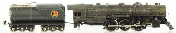 Lionel No. 763-E Steam Train Engine & Tender.: American. Pre-war. O-gauge. Includes Hudson engine (missing front boiler, front pony truck, and back pony truck) and matching tender (restored). Condition (Very Good).