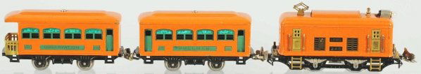 Lionel O-Gauge No. 248 Passenger Train Set.: American. Pre-war. Includes no. 248 electric style engine, no. 629 pullman car, and no. 630 observation car. Passenger cars have green window inserts. Condition (Very Good - Excellent).