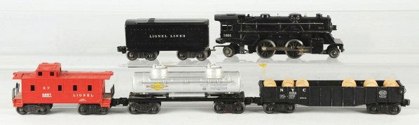 Lionel No. 1423W Freight Train Set.: American. Post-war. O-27 gauge. Includes no. 1655 steam engine with matching tender and three freight cars. Freight cars include no. 6462 gondola, no. 6465 tank car, and no. 6257 caboose. Includes ori