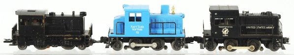 Lot of 3: Lionel O-27 Gauge Engines.: American. Post-war. Includes no. 41 United States Army Transportation Corps engine with plastic cab, no. 51 Navy Yard Newark New York engine with plastic cab, and one unusual (possibly prototype) engi