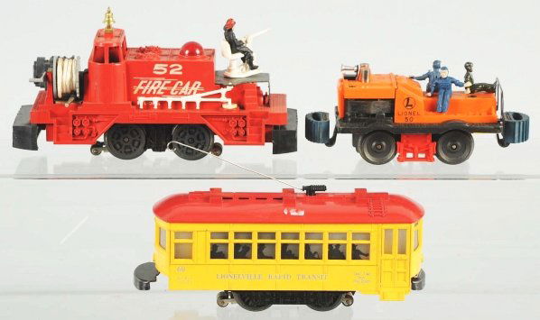 Lot of 3: Lionel O-27 Gauge Power Units.: American. Post-war. Includes no. 50 gang car with one repainted figure, no. 52 fire car, and no. 60 rapid transit trolley. Various conditions. Condition (Very Good).