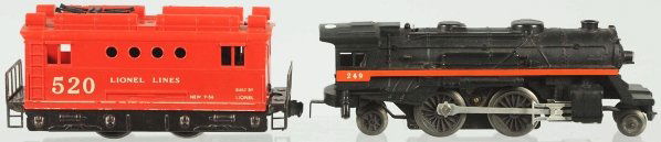 Lot of 2: Lionel O-27 Gauge Train Engines.: American. Post-war. Includes no. 520 Lionel Lines engine and no. 249 steam engine with orange striping. One marker light is broken off of the steam engine. Condition (Very Good).