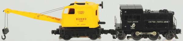 Lot of 2: Lionel Train Engines & Cars.: American. Post-war. Includes no. 3360 operating crane with original box (crisp with inserts and original price tag) and no. 41 United States Army engine with worn decals but window slats are not broke