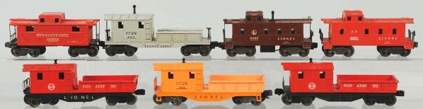 Lot of 7: Lionel Cabooses.: American. Post-war. Various conditions. Includes one original box. Condition (Very Good).