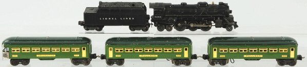 Lionel O-27 Gauge No. 2026 Passenger Train Set.: American. Post-war. Includes no. 2026 steam engine with matching whistle tender and three passenger cars. Passenger cars consist of two no. 2640 pullman cars and no. 2641 observation car. Some minor s