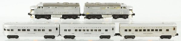 Lionel Union Pacific Passenger Train Set.: American. O-27 gauge. Includes no. 2023 Union Pacific AB Unit along with three passenger cars. Passenger cars include no. 2422 Chatham, no. 2421 Maplewood, and no. 2423 Hill Side observation car. All 