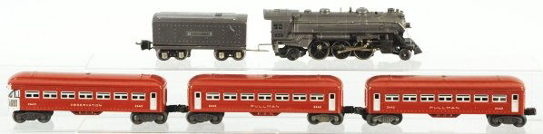 Lionel O-27 Gauge No. 1666 Passenger Train Set.: American. Post-war. Includes no. 1666E steam engine and matching no. 2689 Lionel Lines whistle tender in gun metal gray. Includes three passenger cars with two original boxes consisting of no. 2443 ob