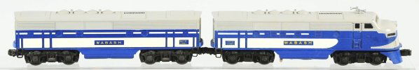 Lionel O-27 Gauge Wabash A&B Unit.: American. Post-war. Includes no. 2367 engine, power unit, and B unit. Decals have slight chipping on front and lot has some overall wear. Condition (Very Good - Excellent).