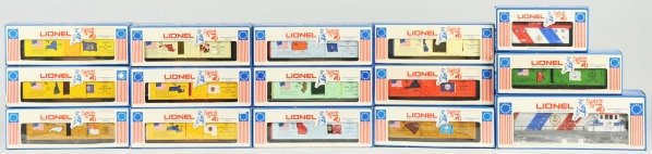 Contemporary Lionel Spirit of '76 Train Set.: American. O-27 gauge. Probably a complete set. Includes engine along with 14 cars, all with different State names. Unused condition. Condition (Near Mint).