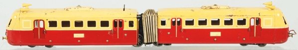 Jep Nord O-Gauge Train Set.: French. Pre-war. Includes two pieces joined by vestibule, both marked "Nord", with heavy wear on roofs. Includes original set box. Condition (Very Good).