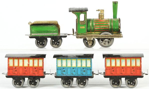 Tin Litho Issameyer Wind-Up Train Set.: German. Late 19th century. Includes early steam type locomotive with some gold-washing, matching tender, and three passenger cars marked no. 1, no. 2, and no. 3. Some scratching and wear to car roofs.