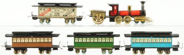 Tin Litho Hess Wind-Up Passenger Train Set.: German. Extremely nice, early set with no. 1035 combination clockwork engine and gold-wash tender. Also includes four passenger cars consisting of three Pennsylvania Limited pullman cars and one Penns
