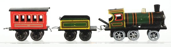 Tin Litho Carl Bub Wind-Up Passenger Train Set.: German. European outline. Includes engine, tender, and one passenger car. Some scratching and wear overall. Condition (Very Good). ADDITIONAL INFO: Updated title and description.