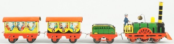 Tin Wind-Up Pioneer Old-Timer Train Set.: German. Wind-up engine with tin litho conductor. Includes engine, tender, and two lithographed parlor cars. Also includes track and very colorful original box. Condition (Excellent). Size Box: 12" x 1
