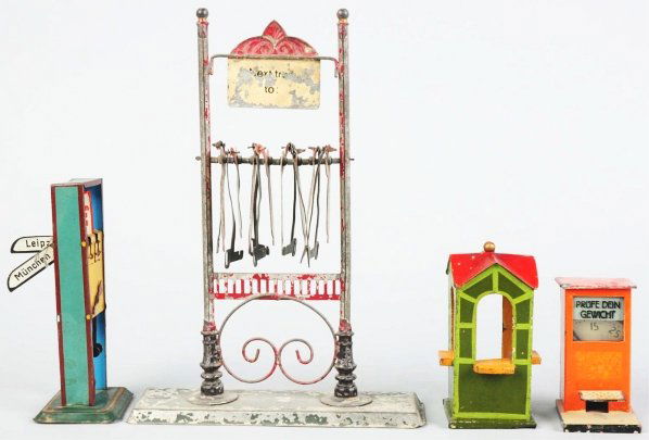 Lot of 4: Hand-Painted Tin Train Accessories.: German. Includes one Marklin Ticket Taker, one Bing signal, one larger Bing signal, and one other item. Some paint loss to the larger signal. Various conditions. Condition (Very Good). Size Largest: 9