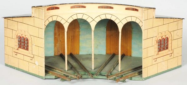Hand-Painted Marklin O-Gauge Train Roundhouse.: German. Door latches are intact and track is inside. Some paint loss to doors and small sections around backing. Condition (Very Good - Excellent). Size 9 - 1/2" T.