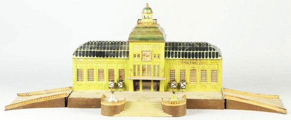 Marklin Leipzig Train Station.: German. 1-gauge. Includes original ramps, stairs, and two flower pots (one is original). The back celluloid glass is missing and someone has custom-made two wooden pieces that go on the side of the st