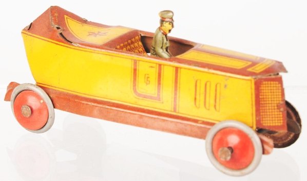 Tin Litho Boatail Racer Penny Toy.: German. Unusual yellow and brown color combination. Includes lithographed driver. Some minor scratching and wear. Condition (Very Good - Excellent). Size 3 - 1/4" L.