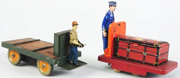 Lot of 2: Tin Litho Porter Toys.: German. Pre-war. Includes one Bing toy and one toy marked "DRGM Foreign". Nice lithography with just minor scratching and wear overall. Condition (Excellent). Size Largest: 5 - 1/4" L.