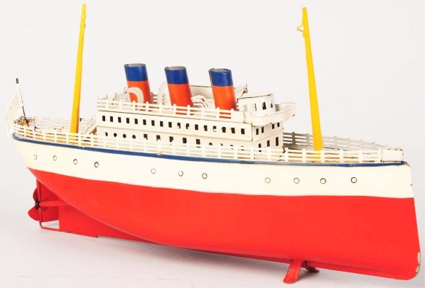Tin Litho Bing Ocean Liner Clockwork Boat Toy.: German. Three stack boat with Bing emblem on back deck. Includes original masts with replacement flags. One life boat is missing but very little wear overall. Condition (Excellent). Size 12 - 3/4" L.