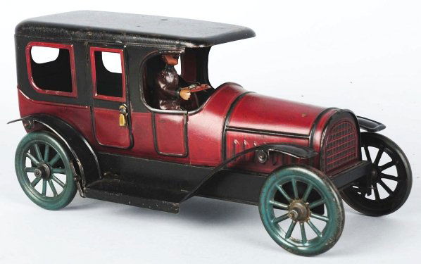 Tin Litho Automobile Wind-Up Toy.: German. Working. Probably KBN. Original lithographed driver and opening rear doors. Some scratching and wear to roof. Condition (Very Good - Excellent). Size 10" L.