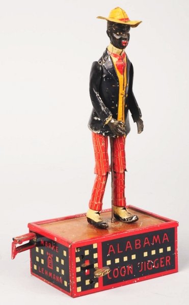 Tin Litho Lehmann Roof Dancing Wind-Up Toy.: German. Working. Figure with original arms and hat. Operated by wind-up and squeeze activation lever on side. Some scratching and wear throughout, especially to base wear figure dances. Condition (Ver
