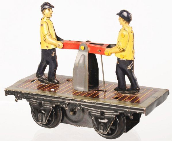 Tin Litho Bing Handcar Wind-Up Toy.: German. Working. Bing mark and "Germany" on base. Depicts two men pumping on handcar. Some scratching and paint wear. Condition (Very Good - Excellent). Size 4 - 1/2" L.
