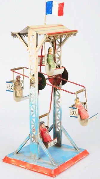 Hand-Doll Ferris Wheel Steam Accessory Toy.: German. Doll Company. Comes with four composition figures in chairs. Replacement French flag on top. Some repainting to base area. Condition (Very Good). Size 12 - 1/2" T.