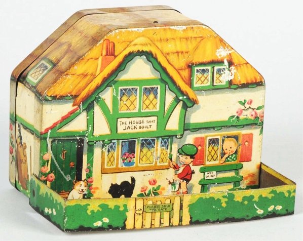 Tin The House That Jack Built Biscuit Tin.: English. Marked "Macfarlane Lang & Co. Biscuits and Cakes Glasgow and London" on bottom. Nice litho lithography shows children painting a house. Original handle. Some moderate scratching and wear thro