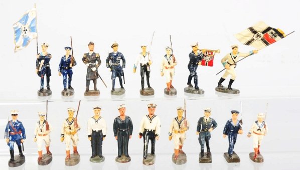 Lot of 18: Elastolin & Lineol Naval Figures.: Includes Admiral Raeder and three East Germans. Some repainting and one conversion. Condition (Good - Very Good).