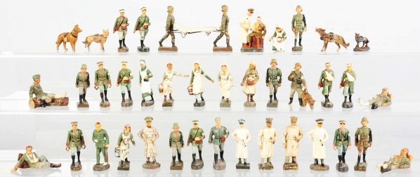 Lineol & Elastolin German Army Medical Group.: Lot includes approximately 50 doctors, nurses, wounded soldiers, and even a few medical dogs. Chipping and wear throughout. Condition (Good).