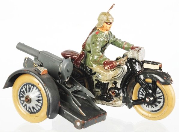 Lineol Motorcycle with Sidecar & Machine Gun.: Sidecar attaching pin needs attention. Condition (Very Good).