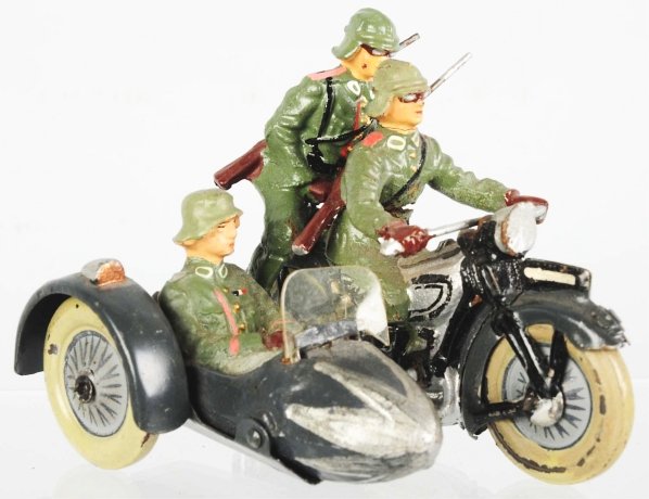 Lineol Motorcycle with Sidecar & Passengers.: Includes three German soldiers. Condition (Very Good - Excellent). Size 7 cm.