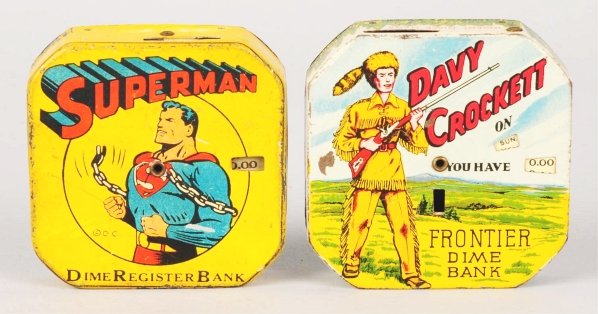 Lot of 2: Tin Litho Character Dime Banks.: Includes one Superman and one Davy Crockett. Some writing in marker to the back of the Davy Crockett bank and both have some scratching and edge wear overall. Condition (Very Good). Size Each: 2 - 1/2